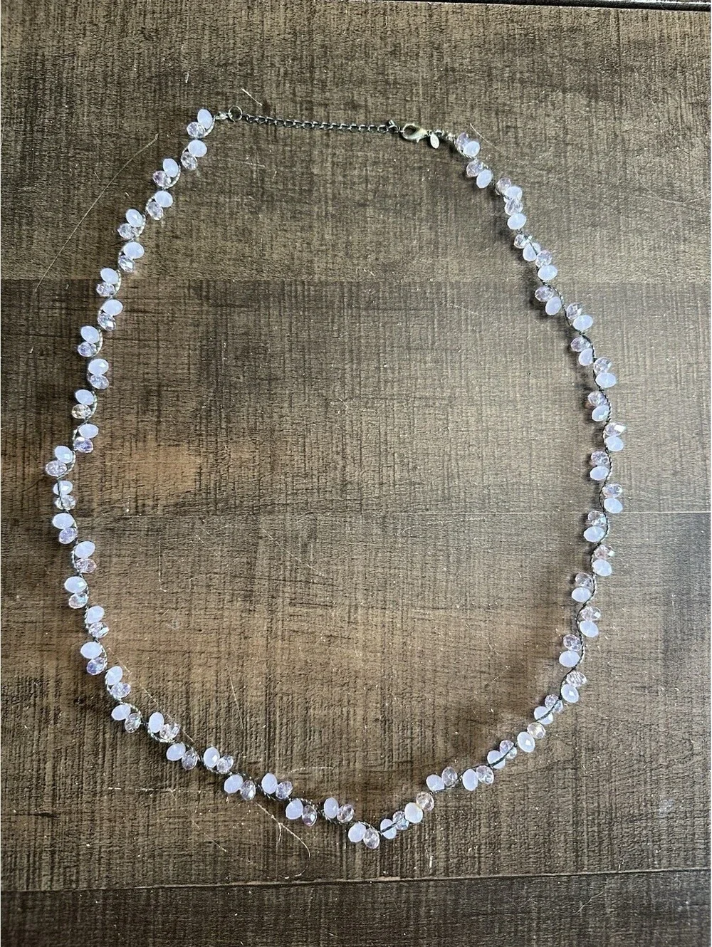 Pink Crystal & Frosted Glass Bead Necklace Silver Tone Adjustable Statement